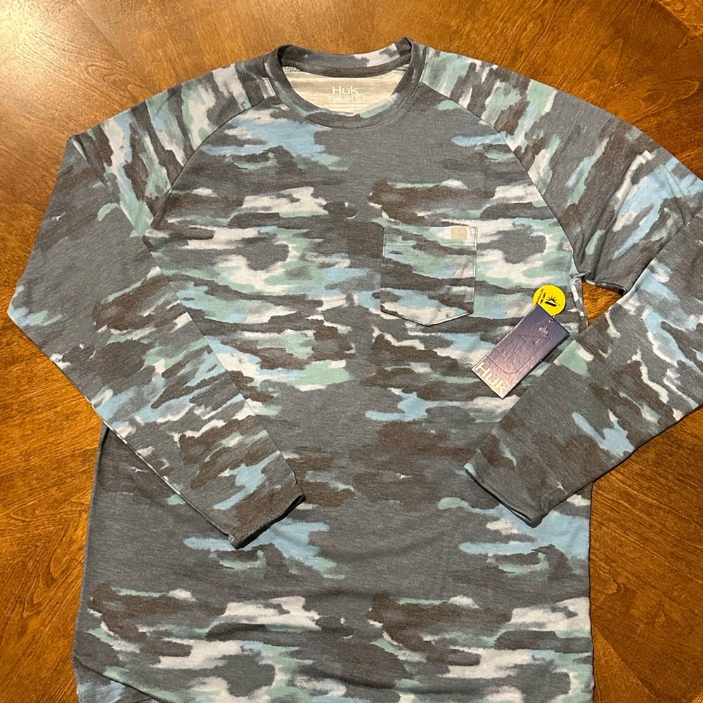 Huk Waypoint Edisto Long Sleeve Men's Shirt, Sargasso Sea Fishing Tee Size Small